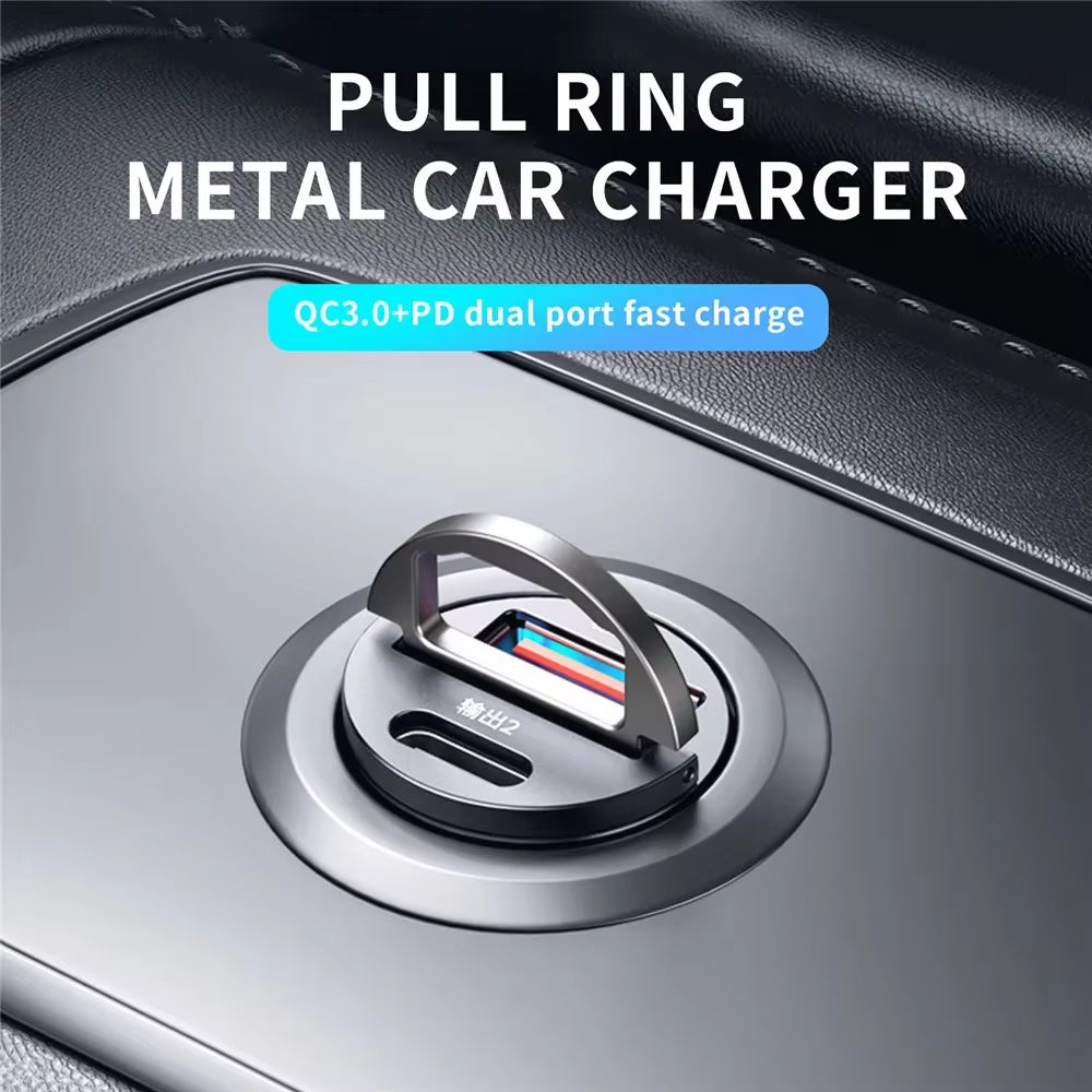 Car 100-200W Dual Port Mini USB Charger Ultra Fast Charging Cigarette Lighter Socket 12-24V Aluminum Cell Phone Charging Adapter
