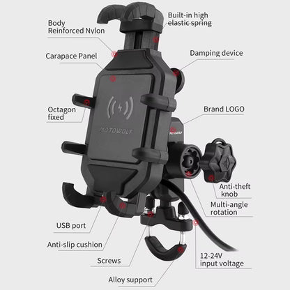 Motorcycle Wireless Charging Phone Holder Cradle 3.0 Quick Charger GPS Moto Support Cellphone Handlebar Mount for 4-7 Inch Phone