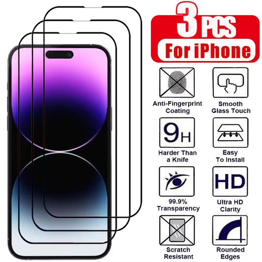 3 Pieces Tempered Glass for Iphone 18 17 16 15 14 13 12 11 Pro Max Screen Protector for Iphone 17E 16E 12 13 Mini Film with Black Edge